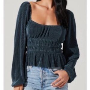 Astr Deep Teal Plissé Long Sleeve Blouse